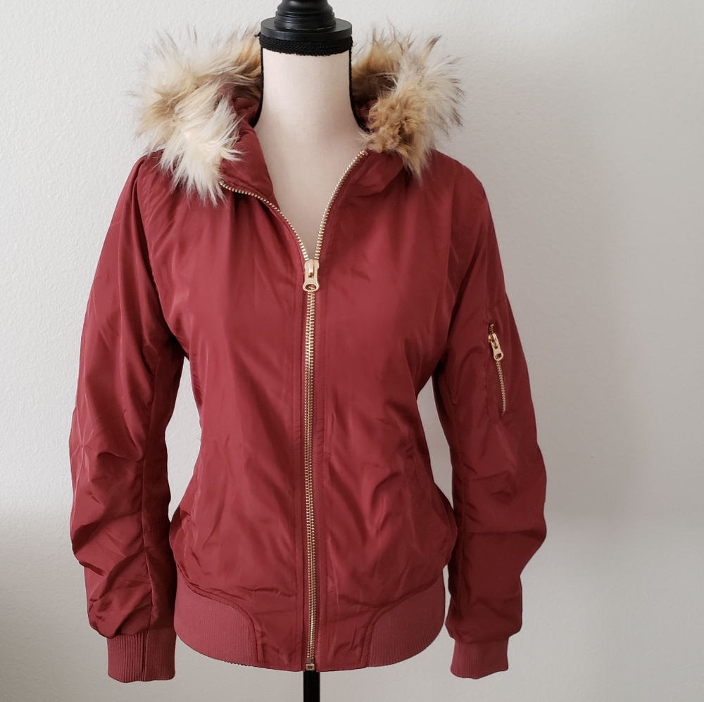 Puffer Bomber Jacket with Fur Trim Hood